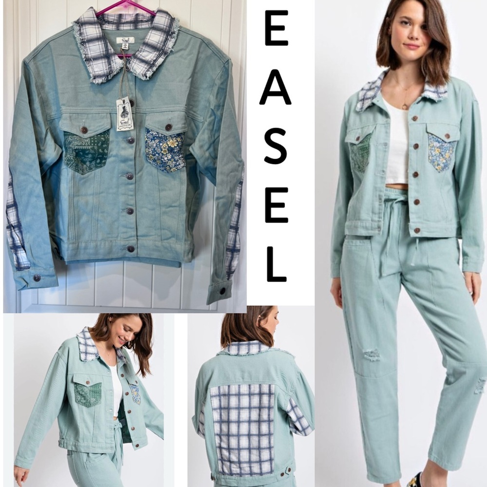Easel Sage Blue Plaid washed twill Jacket Sz Medium NWT